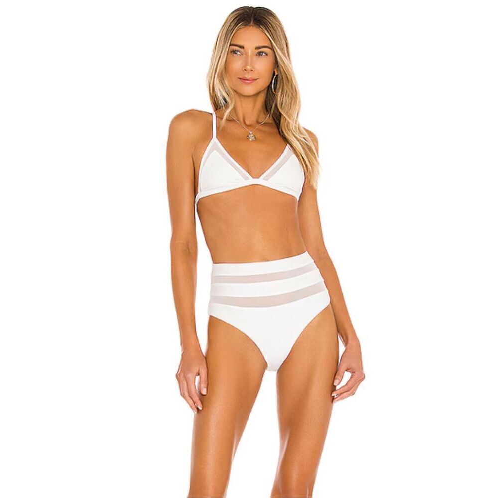 Lovers + Friends Cashel High Waist Bikini Bottom in White Sheer Mesh Stripes Che